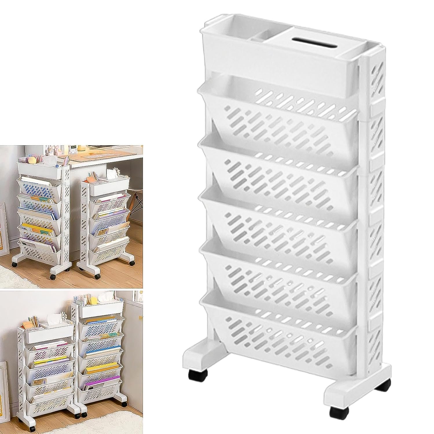 01_8f10b986-55bb-4a25-b933-d6bfd003ffac.jpg Movable Bookshelf, Large Capacity Rotatable Plastic Rolling Organization Shelf / Rack - Image 1