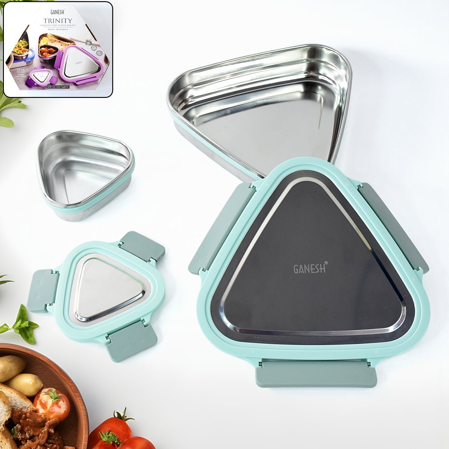 01_ea34d34a-0fdb-4bda-8f2e-2006fc050722.jpg Ganesh Trinity 2-Piece Stainless Steel Triangle Lunch Box Set - Image 1