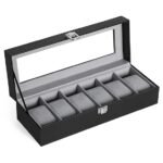 Presents Luxury 6-Slot Watch Box for Men & Women ? Lockable Leather Watch Organizer with Glass Lid, Soft Velvet Cushions, Premium Display & Storage Case for Watches (Black)