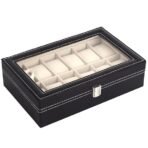 Presents Luxury 12-Slot Watch Box for Men & Women ? Lockable Leather Watch Organizer with Glass Lid, Soft Velvet Cushions, Premium Display & Storage Case for Watches (Black)