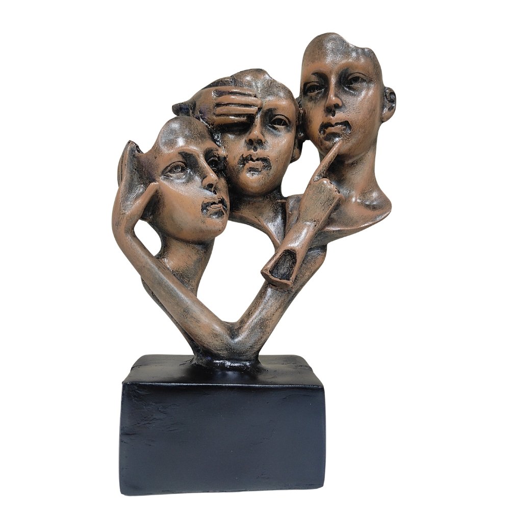 A-1.jpg Abstract Three Faces Statue - See Hear Speak No Evil Modern Sculpture - Antique Bronze Finish Resin Figurine for Home, Office & Table Decor - Image 1