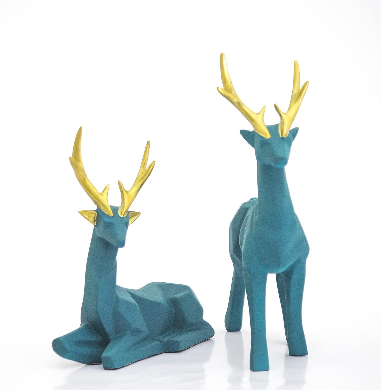 E1.jpg Blue Patterned Deer Statue with Fawn Family - Detailed Resin Animal Sculpture for Living Room, Entryway Table, or Home Decor - Image 1
