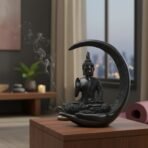 Black Buddha on Moon Statue - Decorative Resin Idol with Crescent Moon Back for Zen, Meditation, Home Altar & Modern Spiritual Decor - Image 3